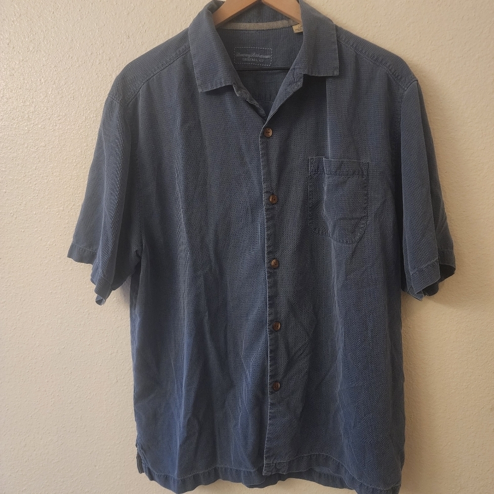 Tommy Bahama Blue 100% Silk Original Fit Casual Button Down Shirt Mens Large
